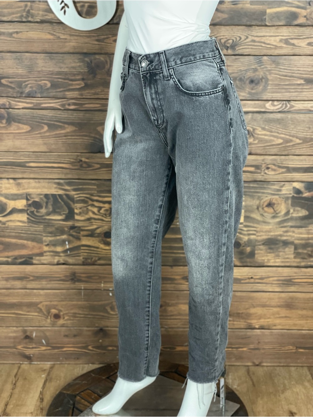 Forever 21 High-Rise Gray Washed Stone Charcoal Acidwash Denim Jeans Raw Frayedβ